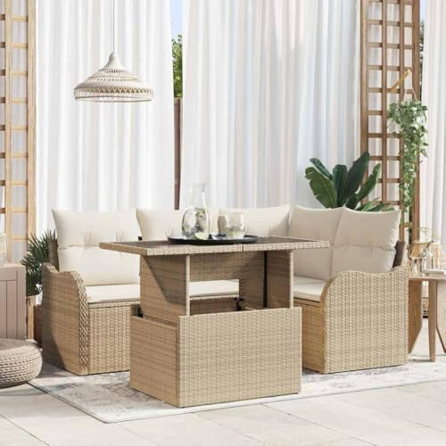 NIVVHOH 5 pcs Modern Garten-Sofa-Set & Gartenmöbelset Beige Poly Rattan Sofa-Set Gartensofa für Terrasse, Garten, Balkon (100 x 55 x 73 cm)