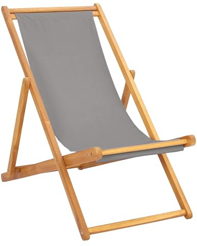 Foknhdi Tumbona gris claro, silla de playa de madera maciza de teca, silla plegable de jardín, tumbona de madera, silla de relajación ajustable en 3 niveles, para jardín y terraza, exterior, 107 x 61