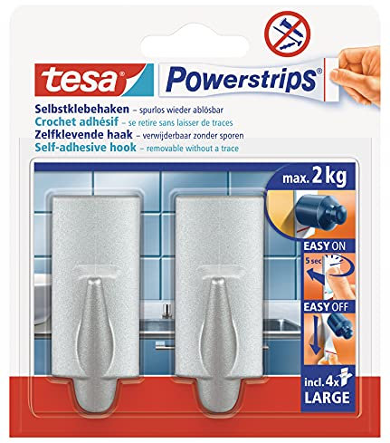tesa Powerstrips Haken Large TREND - Selbstklebender Wandhaken für Glas, Kacheln, Holz, Kunststoff und andere Untergründe - Chrom 58055-04-03