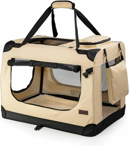 lionto Hundetransportbox faltbar für Reise & Auto, 70x52x50 cm, stabile Transportbox mit Tragegriffen & Decke für Katzen & Hunde bis 15 kg, robuste Hundebox aus Stoff für klein & groß, beige