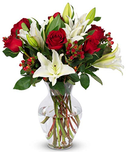 Benchmark Bouquets - Elegant Red Roses and Lily Flower Bouquet - Fresh Flowers for Delivery - Real Flowers in a Vase - Anniversary Flower Arrangement - Gifts for Her (Glass Vase Included)