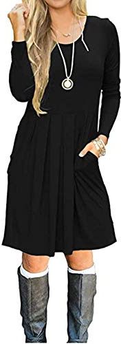 AUSELILY Women's Long Sleeve Dress Round Neck Knee-Length with Pockets