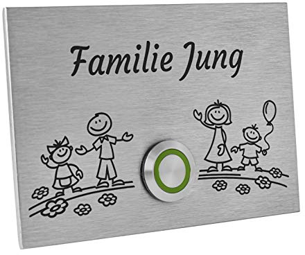Jung-Edelstahl-Design Türklingel London1G Motiv Familie 4. Klingelplatte 12x8 cm. Klingelschild mit Gravur (LED grün)