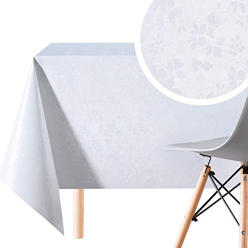 KP HOME Waterproof Wipe Clean Table Cloth - Rectangular Oilcloth 98x55in|250x140cm - Embossed Elegant Vinyl Tablecloth - Plastic Wipeable Dinning or Garden PVC Table Cover in Plain White