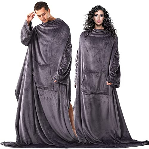 Coperta indossabile Sherpa con maniche e tasca per adulti, leggera e morbida coperta in pile per TV per donne e uomini