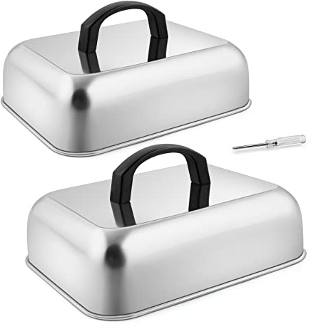 HaSteeL Cheese Melting Dome Set of 2, Stainless Steel Rectangular 9x7 Inch Basting Steaming Cover, Heavy Duty Metal Grill Dome for Flat Top Teppanyaki Barbecue Cooking Indoor/Outdoor, Dishwasher Safe
