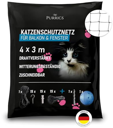 Purrics Katzennetz für Balkon & Fenster Drahtverstärkt | 4x3m | Schutznetz ohne Bohren | Katzengitter drahtverstärkt | wetterbeständig & bissfest | Befestigungsset inklusive | schwarz