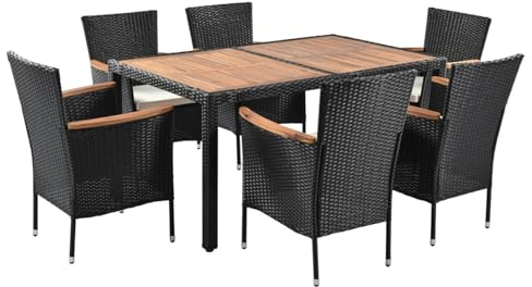 Panana 6 Seater Rattan Dining Set, Garden Table & Stackable Chairs with Acacia Wood Table Top & Cushions, All-Weather Patio Furniture for Conservatory Outdoor