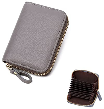 ZMREN Kreditkartenetui Damen, Klein Leder Blocker Geldbörse Ausweis Karten Kreditkartenetui RFID Schutz Kartenhalter Etui Bargeld Münzfach Geldbeutel Portemonnaie mit Reißverschluss - Grau