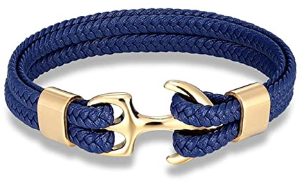 Bysonglezai Pulsera Hombre Brazalete Mujer Pulseras Regalo Pulsera De Ancla para Hombre, Pulseras Tejidas De Cuero Multicapa para Mujer, Hebilla Deportiva Negra, Azul Dorado
