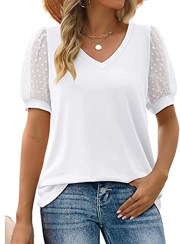 BKEPDY Camicia Donna Estiva Scollo a V Manica Corta Blusa Magliette Maniche Corte a Sbuffo Camicetta Bluse T-Shirt Tops Estive Eleganti Tops Camicette Estate (Bianco M)