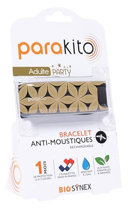 BIOSYNEX - PARAKITO - Bracelet Anti-Moustiques Rechargeable - 2 Recharges Incluses - 1 Mois d'Utilisation - Sans DEET - Motif Doré Party Fleurs - Taille Adulte