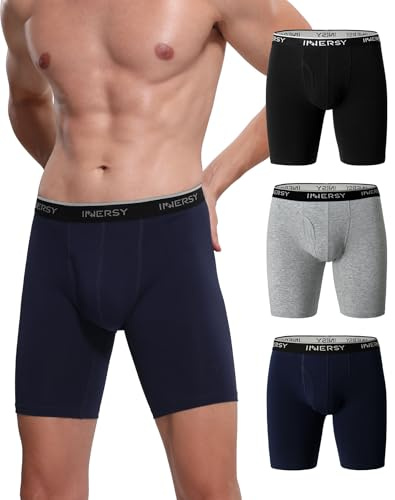 INNERSY Boxershorts för män, långa kalsonger, bomull, retroshorts, anti-skavning, trunk, 3-pack, Svart/grå/marinblå, L
