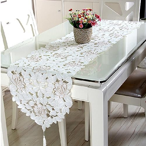 DAZZLEEX Runner da tavola in pizzo con fiori, 35 x 45 cm, colore bianco, tovaglia in pizzo, stile vintage ricamato, decorazione per la casa e per matrimoni