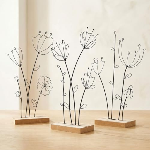 levandeo 3er Set Aufsteller Blume Metall MDF Schwarz Natur Draht Deko Tischdeko Drahtblume Frühling Figur Wohndeko