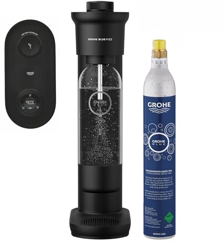 GROHE Blue Fizz Premium Machine à Eau Gazeuse (Affichage et Préréglage Niveau CO2, Gazéification une pression), Batterie intégrée et rechargeable, Noir, 31947K00 + Bouteille CO₂ 60 litres, 40651000