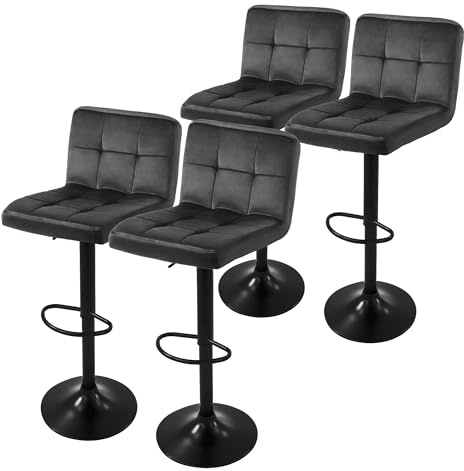 ML-Design Barhocker 4er Set, Bezug aus Samt, Grau, Gepolsterter Barstuhl mit Rückenlehne und Fußstütze, Tresenhocker höhenverstellbar 63-83cm, 360° drehbar, Bistrohocker Hocker Drehstuhl Barstühle