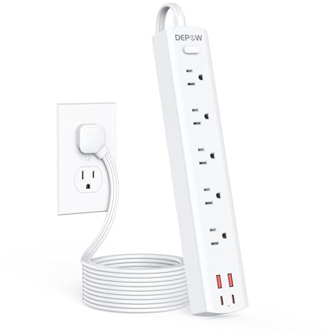 DEPOW Power Strip Surge Protector with 5 AC Outlets(1625W/13A) 4 USB Ports (2 USB C), 5 Ft Ultra Thin Extension Cord, Low Profile Flat Plug, 1700 Joules, Wall Mount for Home Office, White
