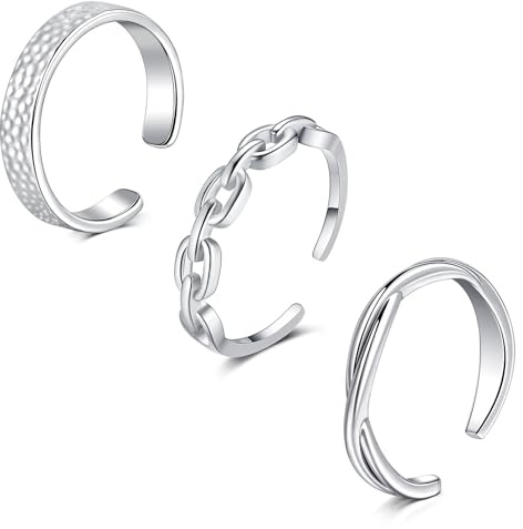 WillTen 3Pcs Silber Zehenring Edelstahl einstellbar Biegung offener Zehenring, Blume Pfeil Blatt CZ Zehe Finger Schwanz Ring Sommer Strand Fußschmuck Set für Frauen Männer