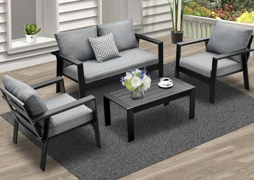 GLP Gartenmöbel Set Aluminium 4 TLG, 2-Sitzer Sofa, 2 x Einzelsessel, 1 x Couchtisch, 7 x Auflagen, wetterfest Balkonmöbel für Garten, Balkon & Terrasse (schwarz)