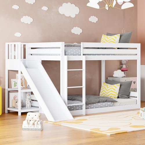 Kinderbett Etagenbett 90×200 für 2 Kinder, Hochbett Doppelbett mit Rutsche und Regal, Bodenbett Stockbett Funktionsbett Holzbett aus Kiefernholz mit Leiter und Rausfallschutz, Weiß, Ohne Matratze