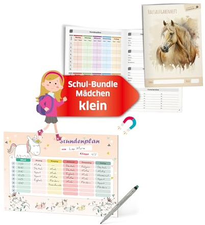 Schulstart Bundle für Mädchen - Geschenk - Perfekt für den Schulanfang - Hochwertiges Hausaufgabenheft und Magnetischer, abwischbarer Stundenplan mit Stift - Grundschule [Kleines Set] PRIMUS PRINT