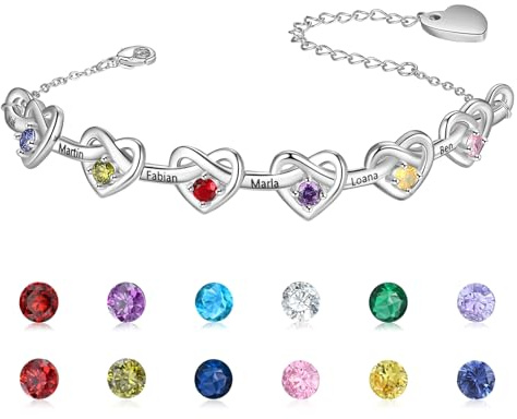Wamantic Personalisierte Armband Silber Damen Gravur Name Herz Armkette Schmuck mit Geburtsstein Geschenk für Frauen Mutter Tochter Freundin Mama Weihnachten Muttertag