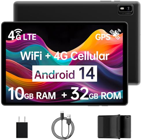 Tableta Android 14 con ranura para tarjeta SIM desbloqueada, tabletas celulares de 10 GB + 32 GB con funda protectora de 10 pulgadas con procesador GPS de 2.0 GHz, cámara de 8 MP y TF de 1 TB