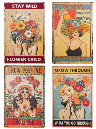 HMIEPRS Lot de 4 Panneau en Métal Vintage, Plaque Murales de Peinture Rétro en Fille Fleur, Plaque de Peinture Rétro en Fer, Panneau Décoration Murale pour Maison Bar Café Restaurant Pub (30×20 CM)