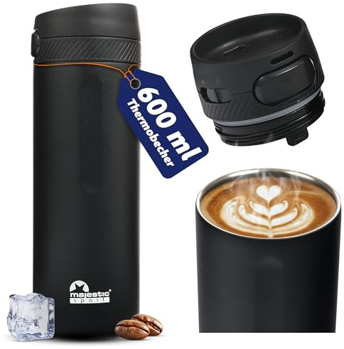 Majestic Sport Nord Thermoflasche 600 ml – Edelstahl Trinkflasche, 100% auslaufsicher, BPA-frei, ideal für Sport, Büro, Outdoor & Fahrrad, Schwartz.