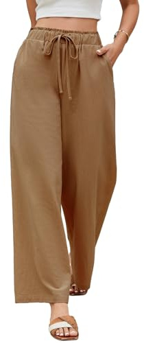 Niwicee Pantalon Femme Été Fluide Pantalons Taille Haute Elastique avec Cordon Pantacourt Jambe Large Ample Léger Pantalon Décontractée Longueur Pants Chic et Elegant avec Poches (Kaki,M)