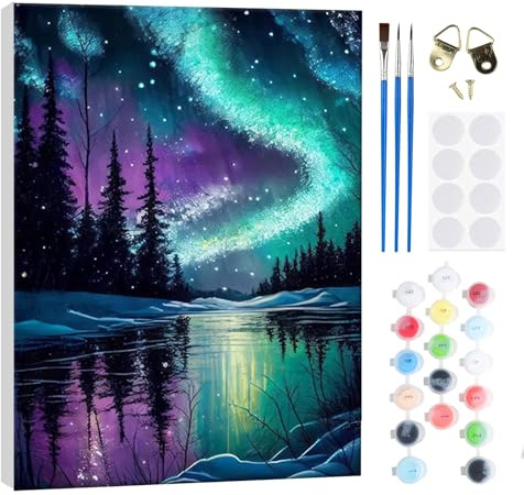 RICUVED Pintar por Números Aurora 20x30cm para Adultos con Marco de Madera -Paisajes Kit Completo de Pintura al Óleo, Pinceles y Lienzo para Crear y Decorar Tu Propio Cuadro