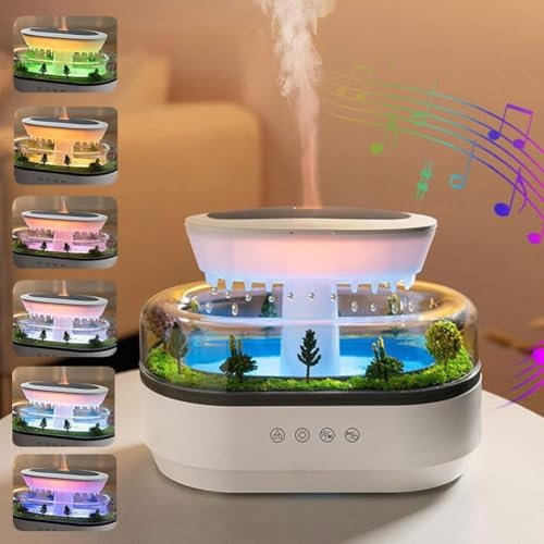 RuiDay Raindrop Humidifier Diffuser, 250ml Cool Mist Aromatherapy Oil Diffuser for Bedroom, Office, White ABS Material with 7-color LED Lights and Intelligent Power Off