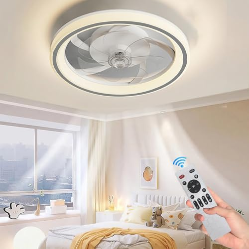 JOPWUE Deckenventilator mit Licht, Fernbedienung, LED, dimmbar, moderne Deckenventilator, für Wohnzimmer, Schlafzimmer, 6 Geschwindigkeitsstufen, 48 x 12 cm (Grau)
