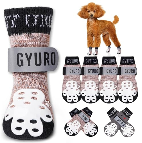 GYURO 4-seitige rutschfeste Hundesocken mit reflektierenden verstellbaren Trägern für Indoor-Pfotenschutz auf Hartholzböden mit Vollschutz-Traktionskontrolle (Khaki, M)