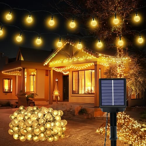 Lichterkette Außen Solar Wetterfest, 100 LED 3M+15M 8 Modi IP65 Warmweiß Outdoor Solarlichterkette Aussen Wetterfeste Lampions Kristallkugel für Balkon Deko Terrassen Garten Weihnachten Party Zuhause