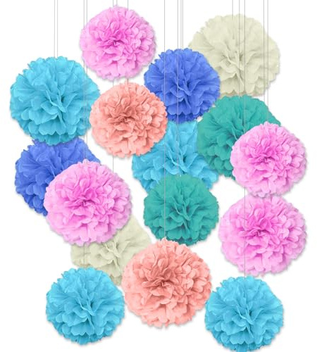 VIDSTW 16 Stück Pompons Deko Gartenparty Pfingstrose Party Deko Pompons 20 CM, 25 CM Papierblumen Aufhängbar Partydeko Bohème-Stil für Hochzeiten Geburtstagsfeiern Gartenpartys (6 Farben)