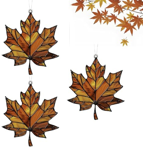 3 Stück Ahornblatt Ornament Aus Gebeiztem, 2D Flach Ahornblatt Buntglas Fenster Hängend Herbstdeko, Herbstdeko Anhänger Glass, Ahornblätter Sonnenfänger, Herbst Deko Aesthetic Outdoor Für Haustür(A)