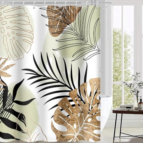Uiiooazy Duschvorhang 180x200cm Anti Schimmel Grün Tropisch Abstrakt | Duschvorhang Dschungel Gelb Palmenblätter Wasserdicht Stoff Polyester Waschbar Bad Vorhang mit 12 Haken für Badezimmer