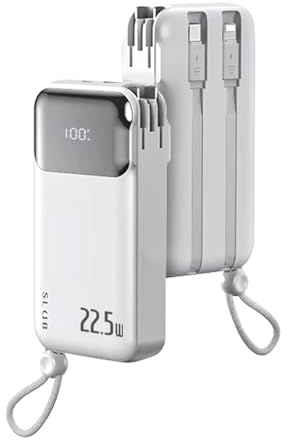 Batterie Externe 10000mAh Grande capacité avec câbles intégrés, Prise Pliable, 4 appareils simultanés, Charge Rapide PD22.5W QC3.0, Sorties Type-C/iPhone, Adaptateur AC, Affichage numérique（Blanc）