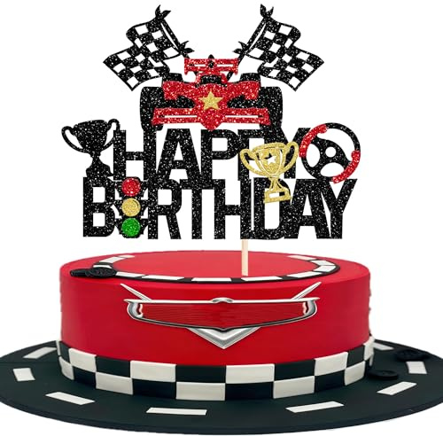 SYKYCTCY 1 Pack Racing Car Cake Topper Happy Birthday Race Car Checkered Flag Cupcake Picks Boys Girls' Birthday Racing Sports Cupcake Decorations Baby Shower Birthday Party Supplies