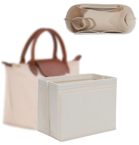 Hochwertiger Filz Taschen Organizer for Longchamp Tasche S, Extrem Leicht Long Champ S Handtaschen Organizer with Einschließlich Fach für Eine Trinkflasche und Reißverschlussfach,8 Taschen,Beige