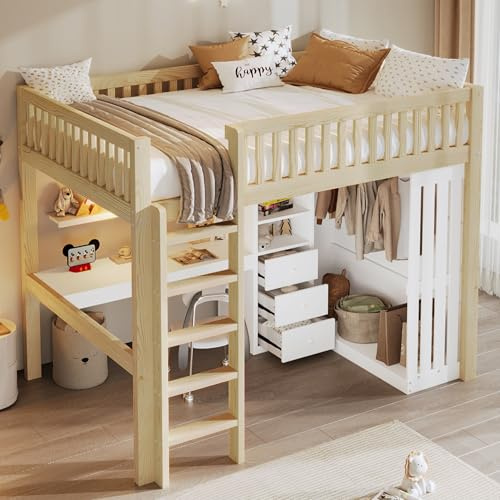 Oxtao Hochbett 140x200cm, Holzbett mit Schreibtisch und Kleiderschrank, Kinderbett mit 3 Schubladen und offener Stauraum, Geländer, Treppe, Ohne Matratze (Natur, 140x200CM)