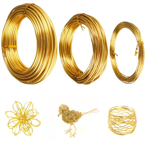 Aluminum Basteldraht Gold, 3 Stück, 1mm/2mm/3mm, 10 M | Modellierdraht, Weich, Leicht zu Schneiden, Für Schmuck Machen Lieferungen, Modellbau, Crafting
