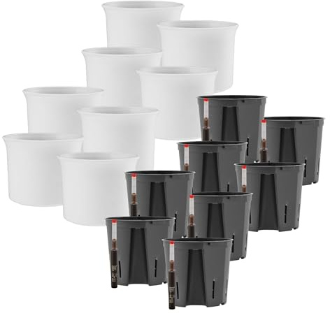 Leni Atlas Hydrokultur-Set Blumentopf Ø 15,3 cm Höhe 13 cm Weiß 8er-Pack | mit Kulturtopf und Gießanzeige, Übertopf, Pflanztopf aus Kunststoff matt