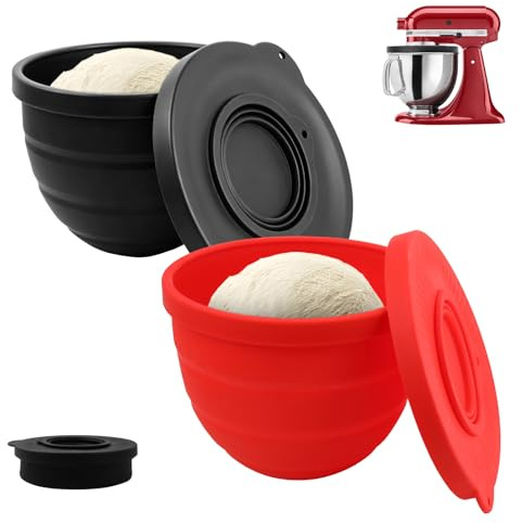 GEEKHOM Set Silikoneinsatz mit Deckel Schüssel: 2er-Silikon-Einsätze (Schwarz & Rot) kompatibel mit KitchenAid 4,8 L (5 Qt) Rührschüssel, Zusammenklappbar, spülmaschinenfest – ideal für Teig, Kuchen