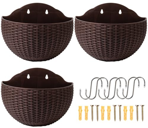 Hbbgdiy 3 maceteros de Pared Colgantes de PP de Color café, 8x6, 5 Pulgadas con Orificio y tapón de Drenaje, macetas de jardín Verticales para Interiores y Exteriores para suculentas Hierbas