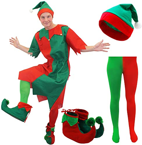 Mens Elf Costume Christmas Fancy Dress - Red/Green Tunic + Elf Hat With Pom Pom + Red/Green Tights and Elf Boots - Cheeky Christmas Elf Santa's Grotto Large