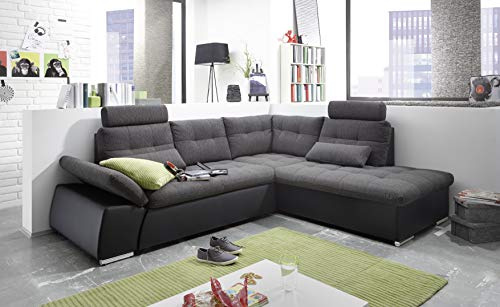 Stella Trading JAKARTA Ecksofa mit Schlaffunktion und Stoffbezug, Schwarz / Lava - Ausziehbares Schlafsofa mit steckbaren Kopfstützen & Kissen - 260 x 103 x 219 cm (B/H/T) Rechts