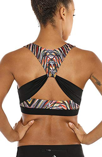 icyzone Damsport-bh utan bygel, bustier racerback yoga bh med avtagbar vadderad, Fireworks, XL